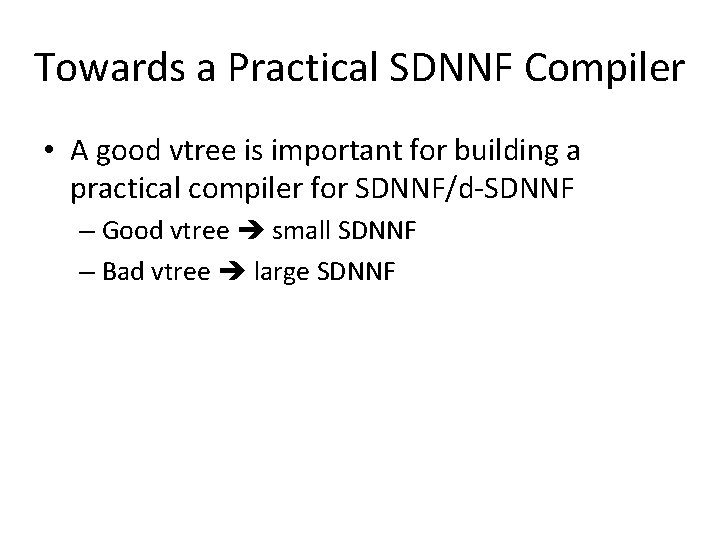 Towards a Practical SDNNF Compiler • A good vtree is important for building a