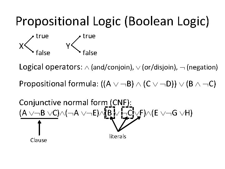 Propositional Logic (Boolean Logic) true X false true Y false Logical operators: (and/conjoin), (or/disjoin),