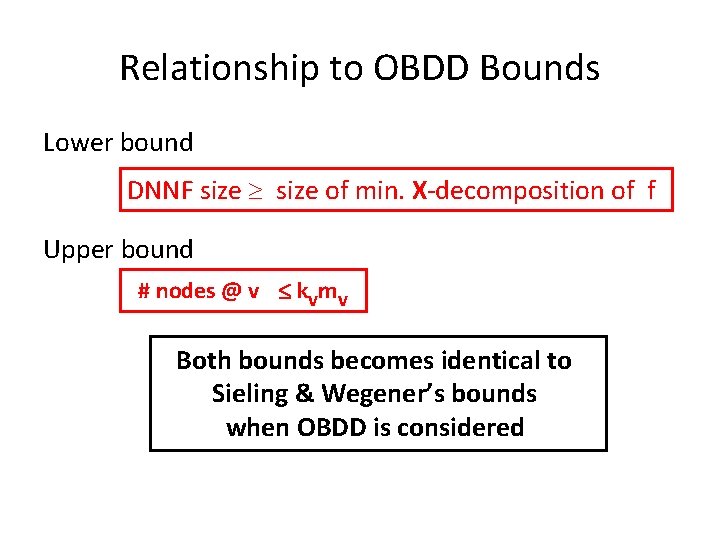 Relationship to OBDD Bounds Lower bound DNNF size of min. X-decomposition of f Upper