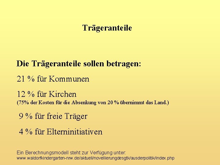 Trägeranteile Die Trägeranteile sollen betragen: 21 % für Kommunen 12 % für Kirchen (75%