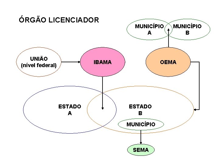 ÓRGÃO LICENCIADOR UNIÃO (nível federal) MUNICÍPIO A IBAMA ESTADO A MUNICÍPIO B OEMA ESTADO