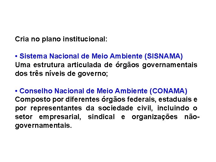 Cria no plano institucional: • Sistema Nacional de Meio Ambiente (SISNAMA) Uma estrutura articulada