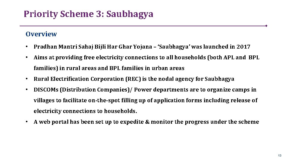 Priority Scheme 3: Saubhagya Overview • Pradhan Mantri Sahaj Bijli Har Ghar Yojana –