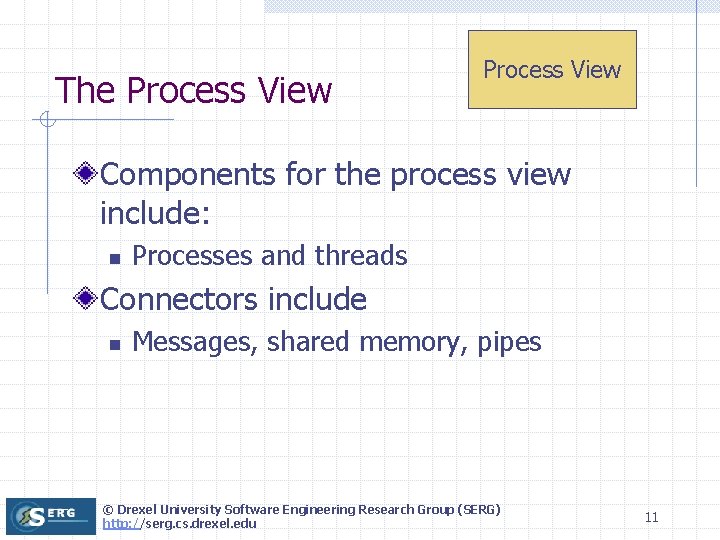 The Process View Components for the process view include: n Processes and threads Connectors