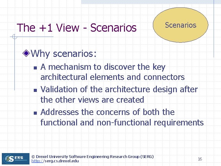 The +1 View - Scenarios Why scenarios: n n n A mechanism to discover