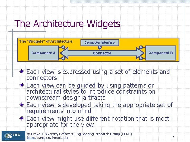 The Architecture Widgets The “Widgets” of Architecture Component A Connector Interface Connector Component B