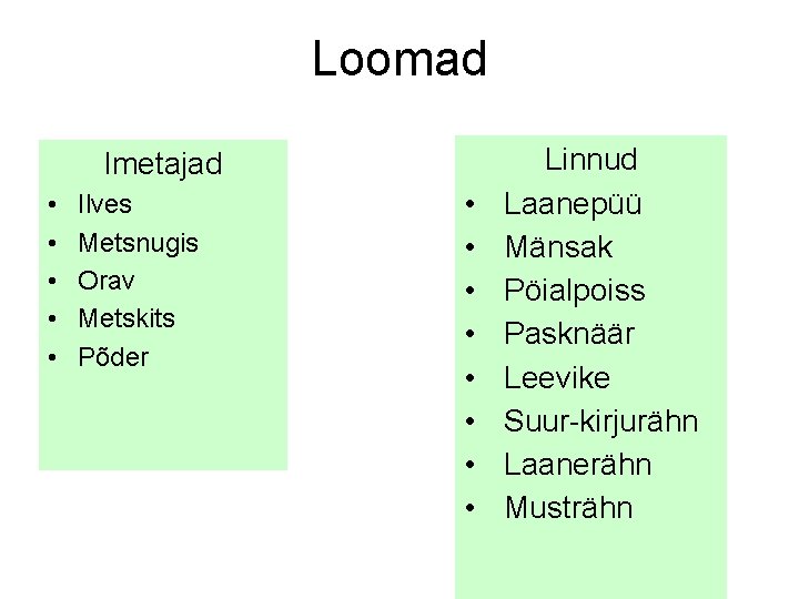 Loomad Imetajad • • • Ilves Metsnugis Orav Metskits Põder • • Linnud Laanepüü