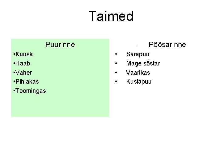 Taimed Puurinne • Kuusk • Haab • Vaher • Pihlakas • Toomingas • •