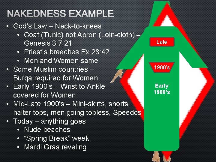 NAKEDNESS EXAMPLE • God’s Law – Neck-to-knees • Coat (Tunic) not Apron (Loin-cloth) –