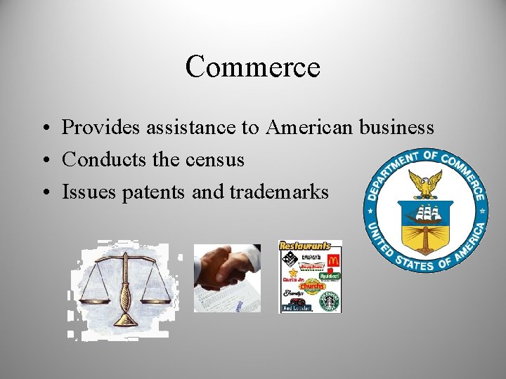 Commerce • Provides assistance to American business • Conducts the census • Issues patents