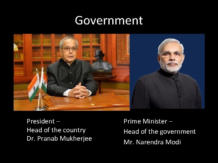 Government President – Head of the country Dr. Pranab Mukherjee Prime Minister – Head