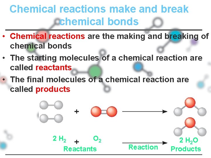 Chemical reactions make and break chemical bonds • Chemical reactions are the making and