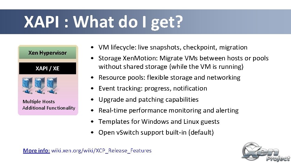 XAPI : What do I get? Xen Hypervisor XAPI / XE Multiple Hosts Additional