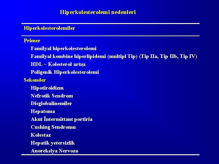 Hiperkolesterolemi nedenleri Hiperkolesterolemiler Primer Familyal hiperkolesterolemi Familyal kombine hiperlipidemi (multipl Tip) (Tip IIa, Tip