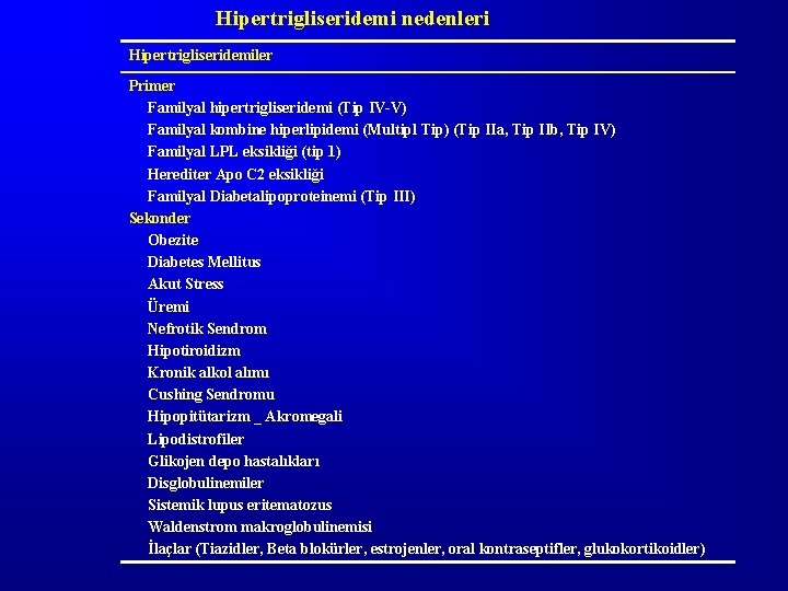 Hipertrigliseridemi nedenleri Hipertrigliseridemiler Primer Familyal hipertrigliseridemi (Tip IV-V) Familyal kombine hiperlipidemi (Multipl Tip) (Tip