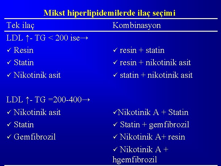 Mikst hiperlipidemilerde ilaç seçimi Tek ilaç Kombinasyon LDL ↑- TG < 200 ise→ ü