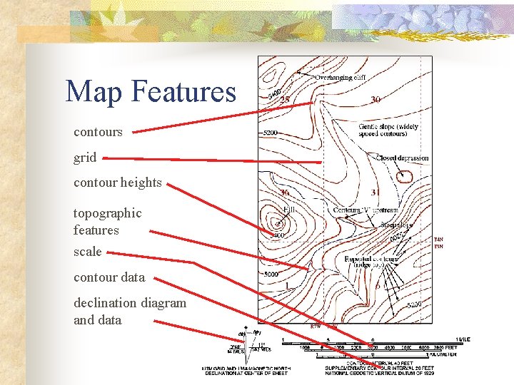 Map Features contours grid contour heights topographic features scale contour data declination diagram and