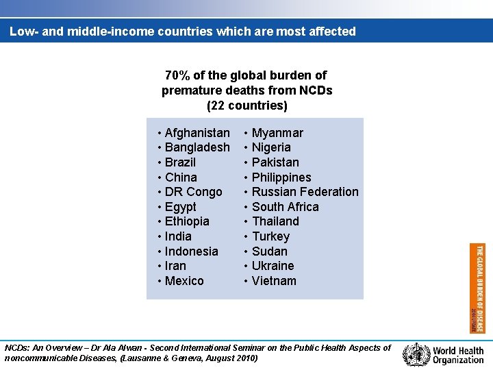 Low- and middle-income countries which are most affected 70% of the global burden of