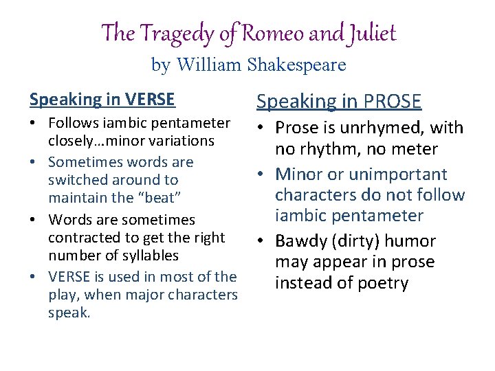 The Tragedy of Romeo and Juliet by William Shakespeare Speaking in VERSE • Follows