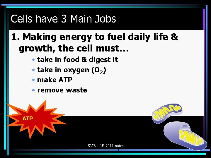 Cells have 3 Main Jobs 1. Making energy to fuel daily life & growth,