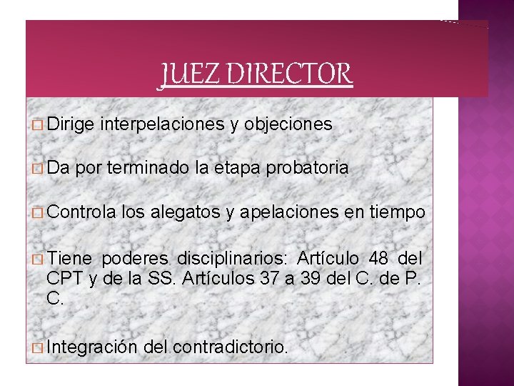 JUEZ DIRECTOR JUEZ � Dirige � Da interpelaciones y objeciones por terminado la etapa