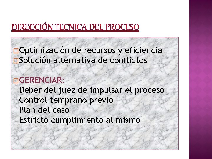 DIRECCIÓN TECNICA DEL PROCESO �Optimización de recursos y eficiencia �Solución alternativa de conflictos �GERENCIAR: