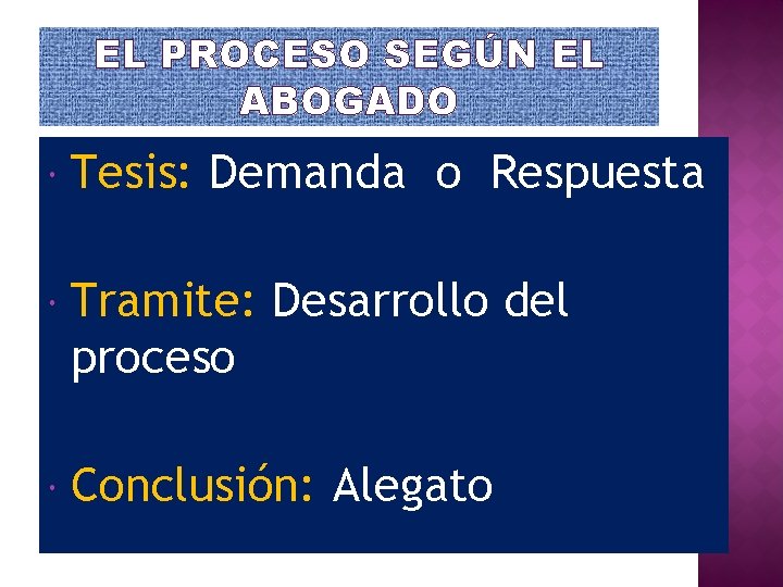 EL PROCESO SEGÚN EL ABOGADO Tesis: Demanda o Respuesta Tramite: Desarrollo del proceso Conclusión: