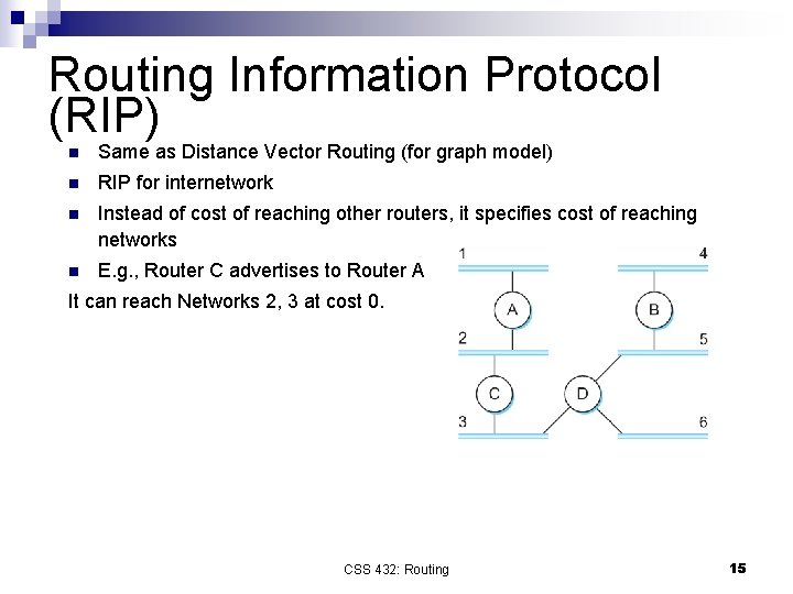 Routing Information Protocol (RIP) n Same as Distance Vector Routing (for graph model) n
