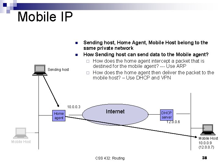 Mobile IP n n Sending host 10. 0. 0. 3 Home agent Sending host,