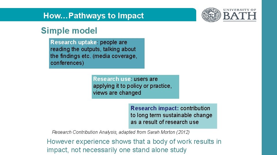 How…Pathways to Impact Simple model Research uptake: people are reading the outputs, talking about