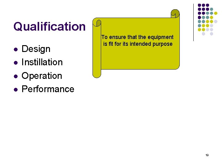 Qualification l l Design Instillation Operation Performance To ensure that the equipment is fit