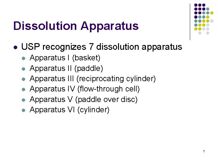 Dissolution Apparatus l USP recognizes 7 dissolution apparatus l l l Apparatus I (basket)