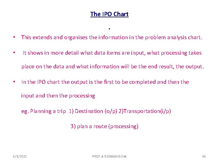 The IPO Chart . • This extends and organises the information in the problem