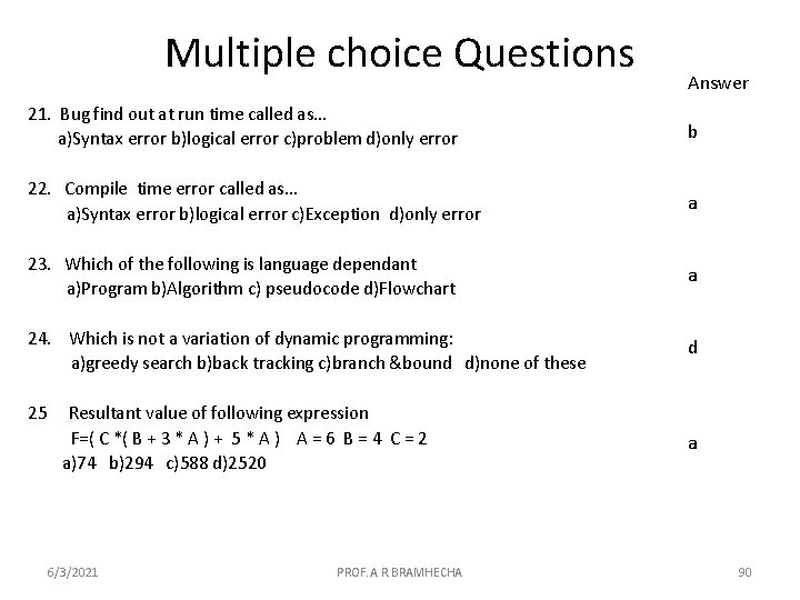 Multiple choice Questions Answer 21. Bug find out at run time called as… a)Syntax