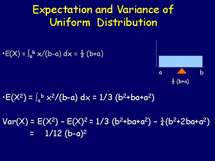 Expectation and Variance of Uniform Distribution • E(X) = òab x/(b-a) dx = ½