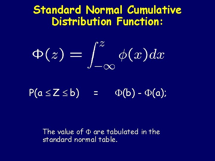 Standard Normal Cumulative Standard Normal Distribution Function: P(a £ Z £ b) = F(b)