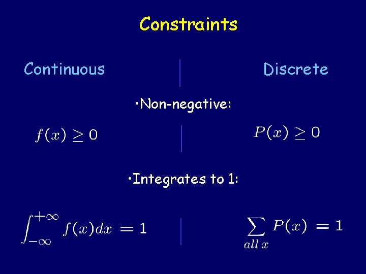 Constraints Continuous Discrete • Non-negative: • Integrates to 1: 
