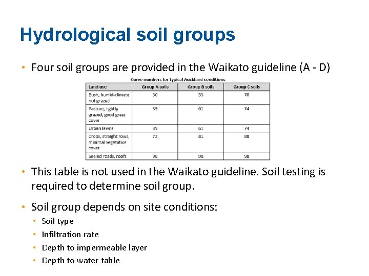 Hydrological soil groups • Four soil groups are provided in the Waikato guideline (A