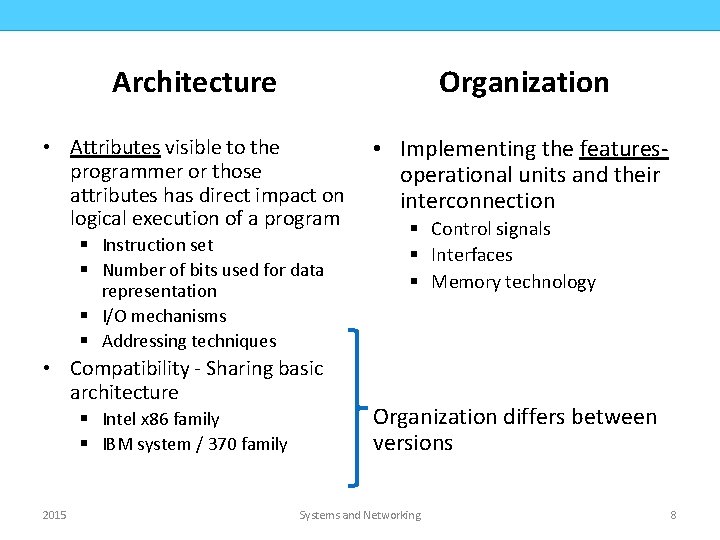 COMPUTER ORGANIZATION CMPD 223 Architecture Organization • Attributes visible to the programmer or those