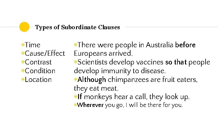 Types of Subordinate Clauses ◉Time ◉Cause/Effect ◉Contrast ◉Condition ◉Location ◉There were people in Australia