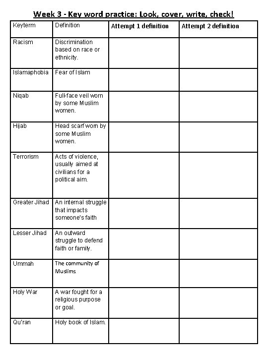 Week 3 - Key word practice: Look, cover, write, check! Keyterm Definition Racism Discrimination