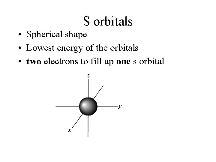 S orbitals • Spherical shape • Lowest energy of the orbitals • two electrons