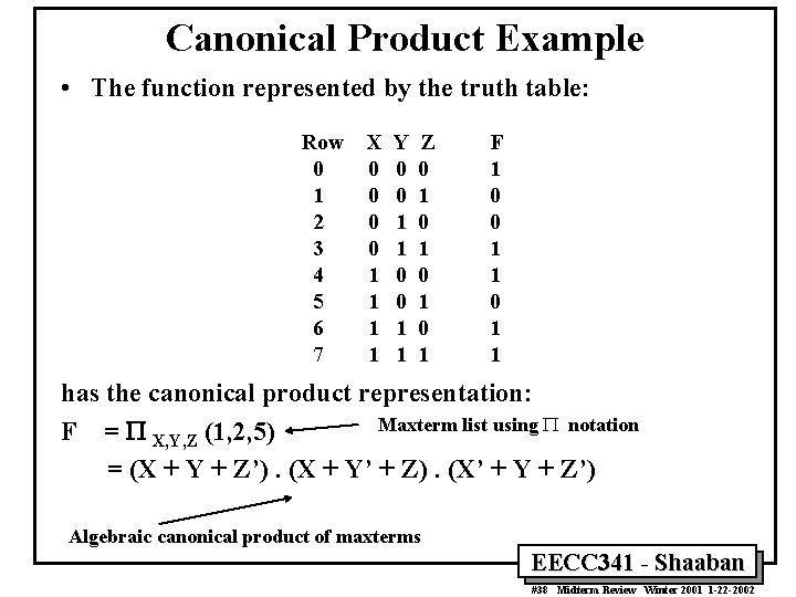 Canonical Product Example • The function represented by the truth table: Row 0 1