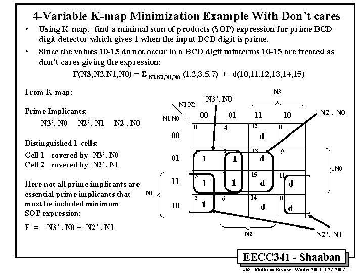 4 -Variable K-map Minimization Example With Don’t cares • • Using K-map, find a