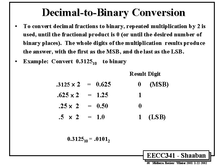 Decimal-to-Binary Conversion • To convert decimal fractions to binary, repeated multiplication by 2 is