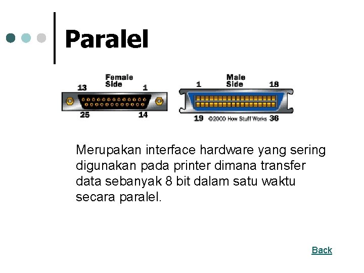 Paralel Merupakan interface hardware yang sering digunakan pada printer dimana transfer data sebanyak 8