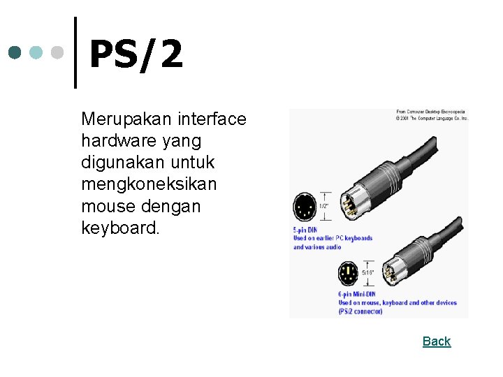 PS/2 Merupakan interface hardware yang digunakan untuk mengkoneksikan mouse dengan keyboard. Back 