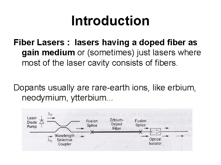 Introduction Fiber Lasers : lasers having a doped fiber as gain medium or (sometimes)