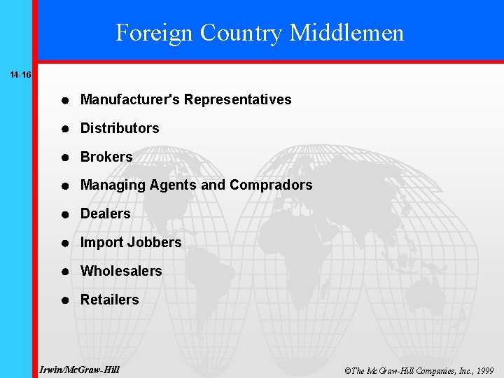 Foreign Country Middlemen 14 -16 Manufacturer's Representatives Distributors Brokers Managing Agents and Compradors Dealers