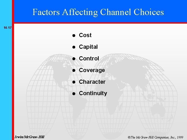 Factors Affecting Channel Choices 14 -17 Irwin/Mc. Graw-Hill Cost Capital Control Coverage Character Continuity